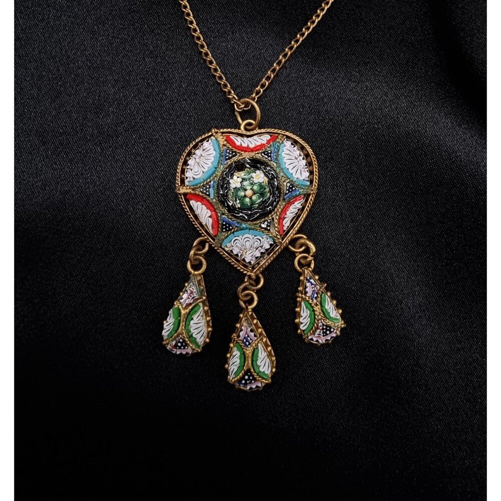 Rare Find Vintage 1930s-1950s Italian Gold Tone Necklace W/ Hand-Painted Micromo